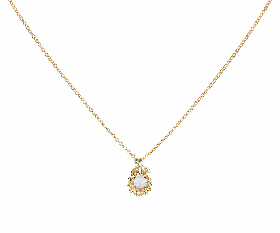 Whispervow Vintage White Opal Sunflower Necklace Round Cut Fire Opal With Emerald Peridot Leaf Floral product view 3 of 4