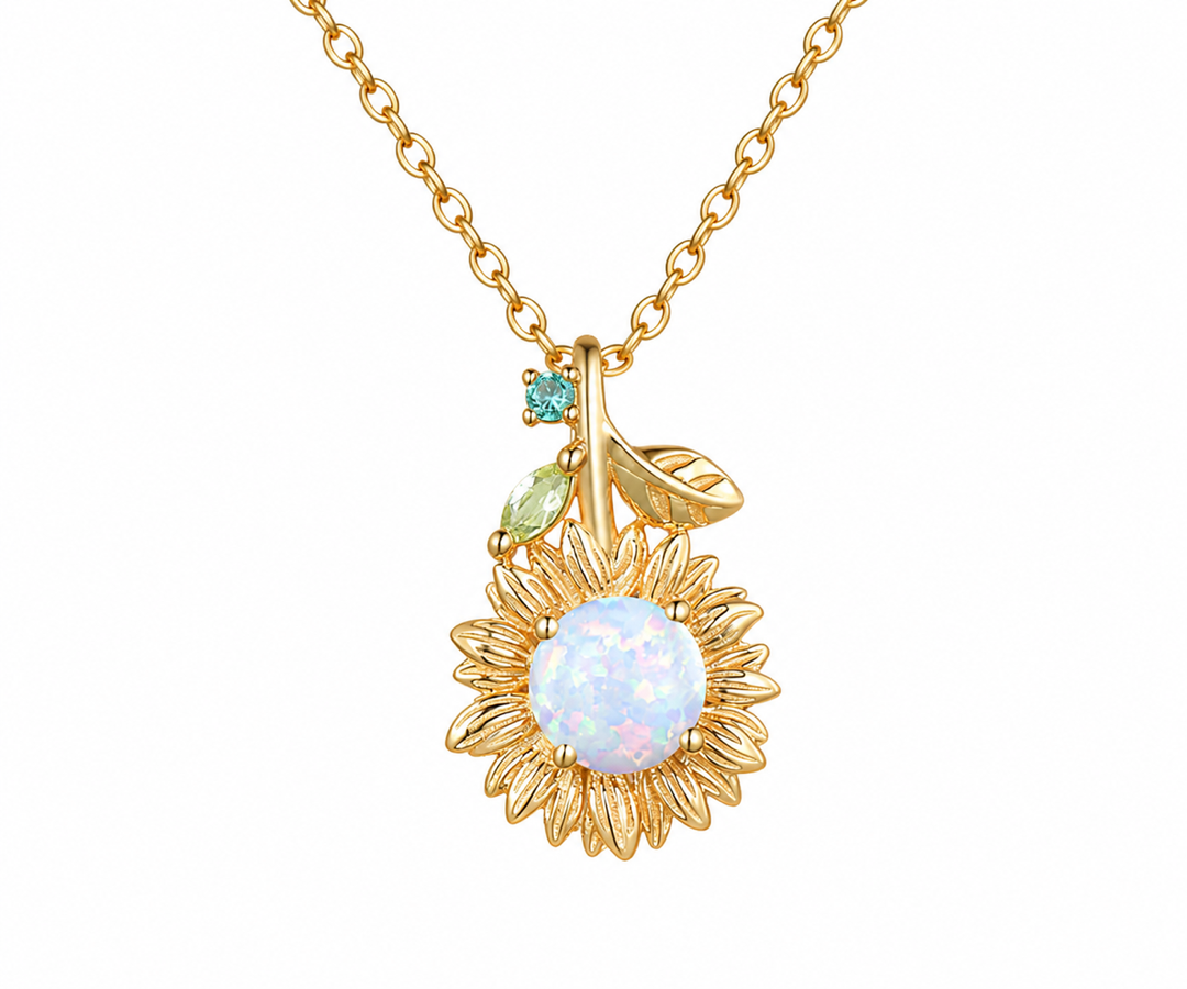 Whispervow Vintage White Opal Sunflower Necklace Round Cut Fire Opal With Emerald Peridot Leaf Floral product view 4 of 4