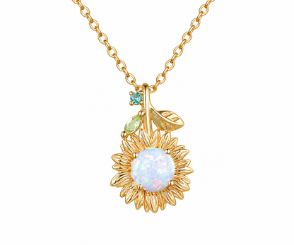 Whispervow Vintage White Opal Sunflower Necklace Round Cut Fire Opal With Emerald Peridot Leaf Floral product view 4 of 4