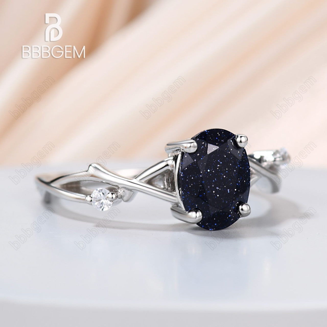  white gold blue sandstone leaf band ring-art deco nature twig ring with oval blue sandstone-bbbgem white gold branch blue gold stone engagement ring 