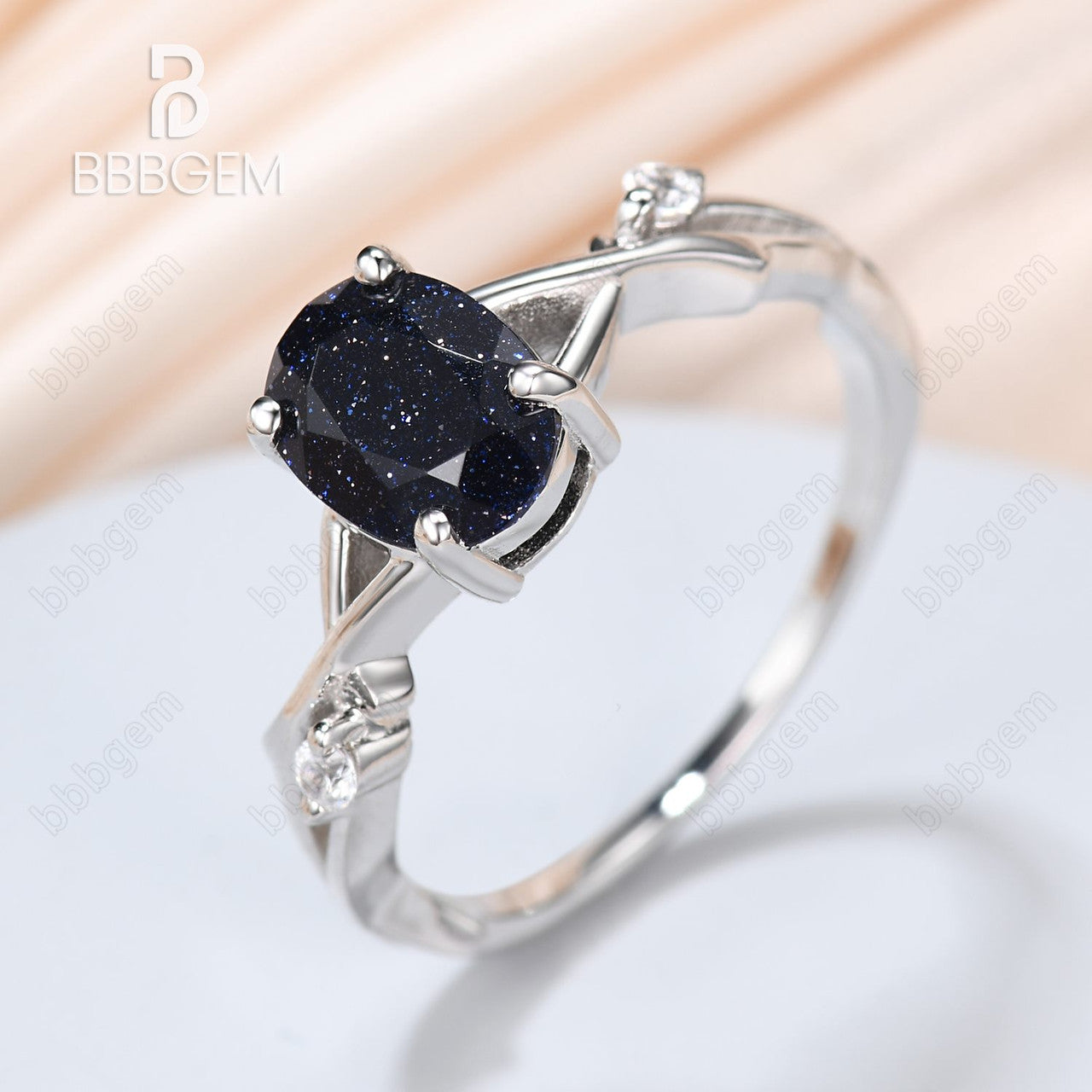  white gold blue sandstone leaf band ring-art deco nature twig ring with oval blue sandstone-bbbgem white gold branch blue gold stone engagement ring 