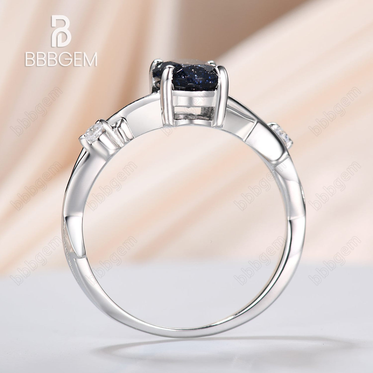  white gold blue sandstone leaf band ring-art deco nature twig ring with oval blue sandstone-bbbgem white gold branch blue gold stone engagement ring 