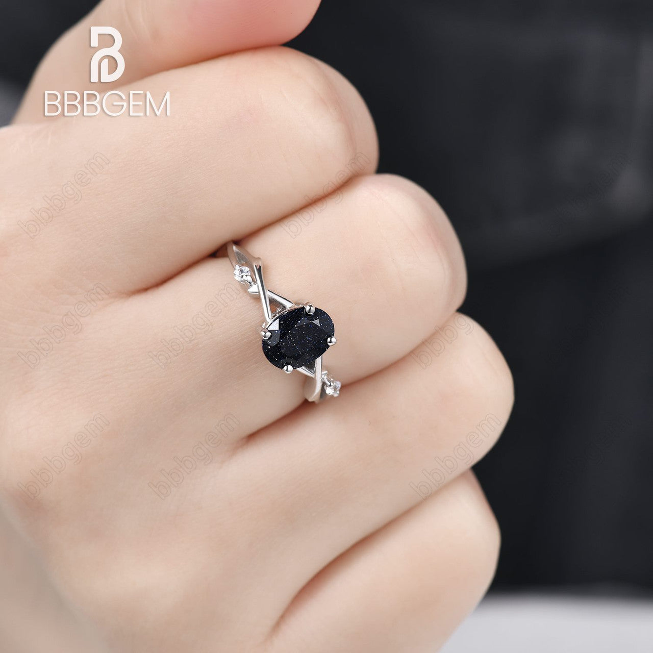  white gold blue sandstone leaf band ring-art deco nature twig ring with oval blue sandstone-bbbgem white gold branch blue gold stone engagement ring 