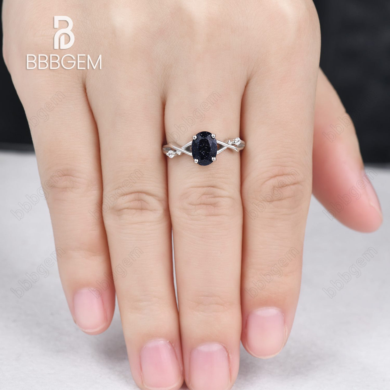  white gold blue sandstone leaf band ring-art deco nature twig ring with oval blue sandstone-bbbgem white gold branch blue gold stone engagement ring 