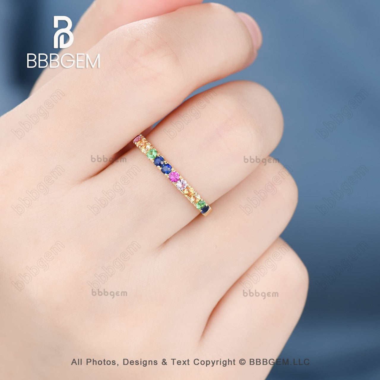 yellow gold rainbow sapphire wedding band-half eternity sapphire everyday ring band-bbbgem 