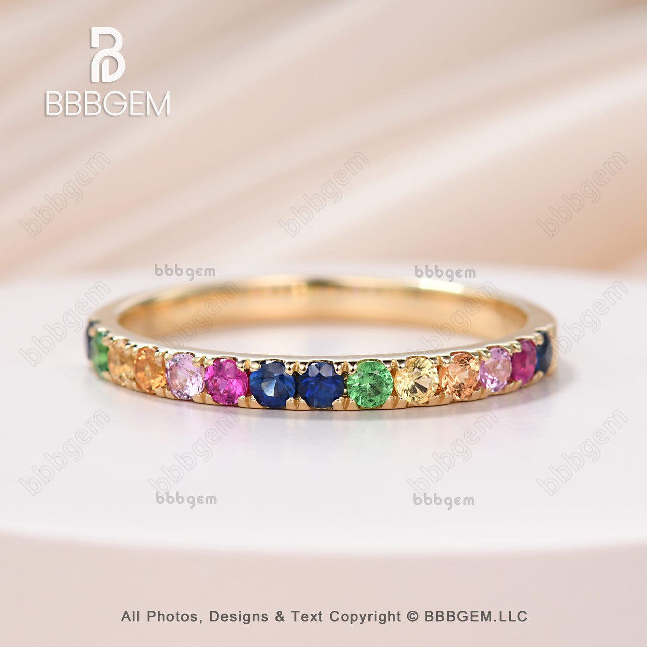 yellow gold rainbow sapphire wedding band-half eternity sapphire everyday ring band-bbbgem 