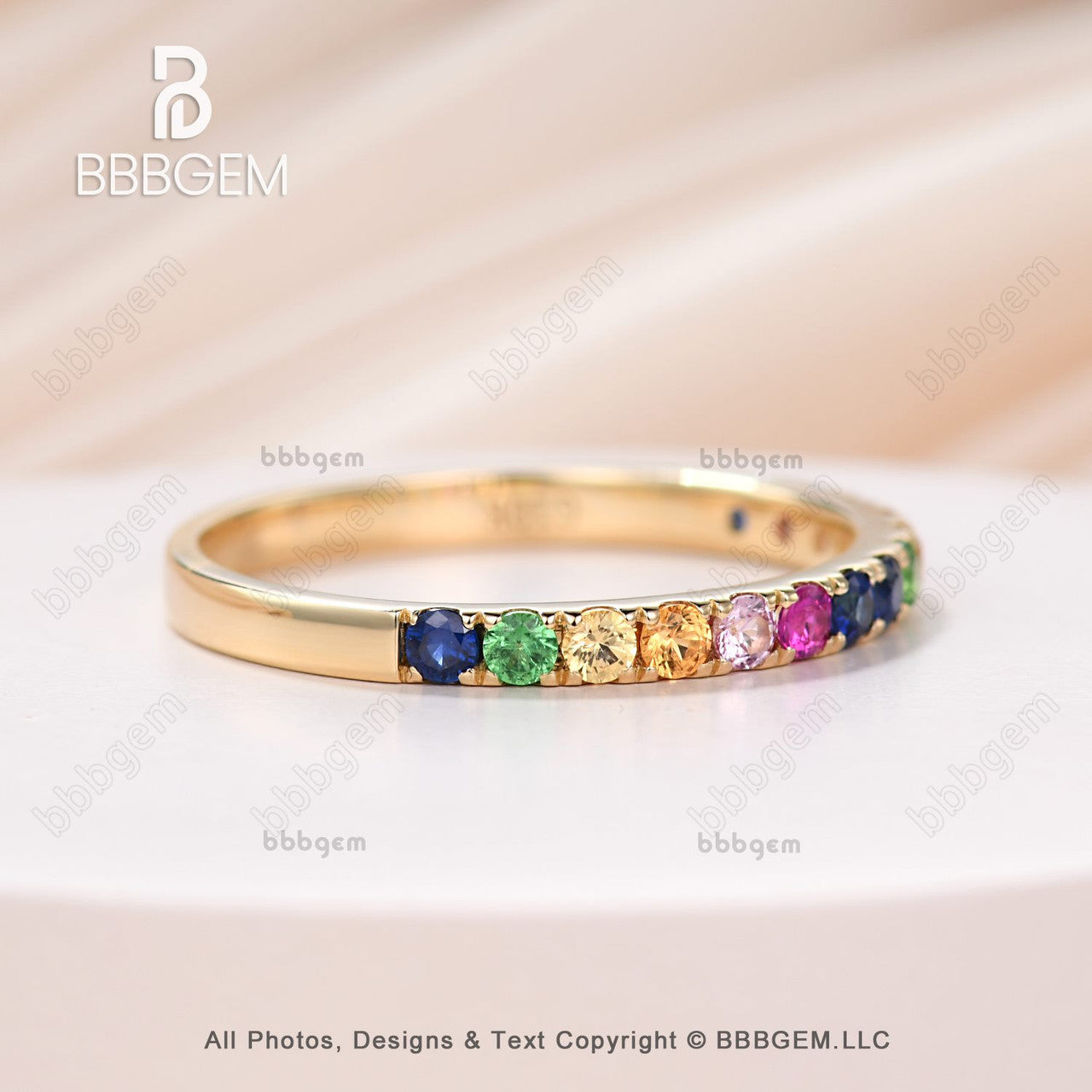 yellow gold rainbow sapphire wedding band-half eternity sapphire everyday ring band-bbbgem 
