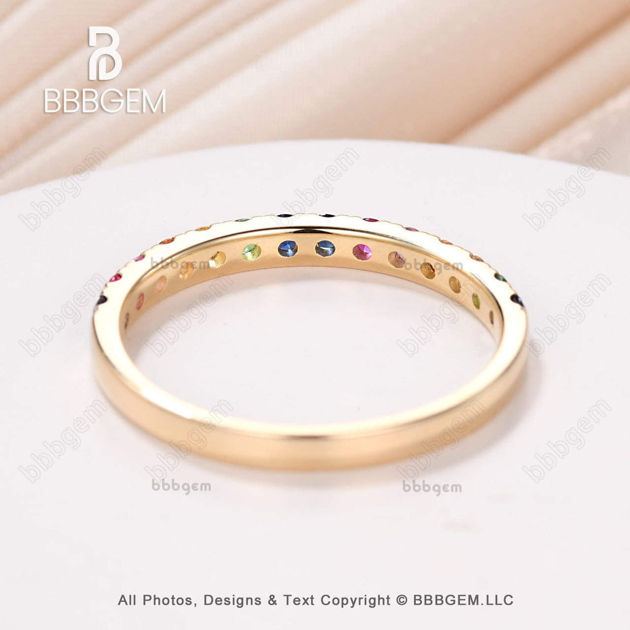 yellow gold rainbow sapphire wedding band-half eternity sapphire everyday ring band-bbbgem 