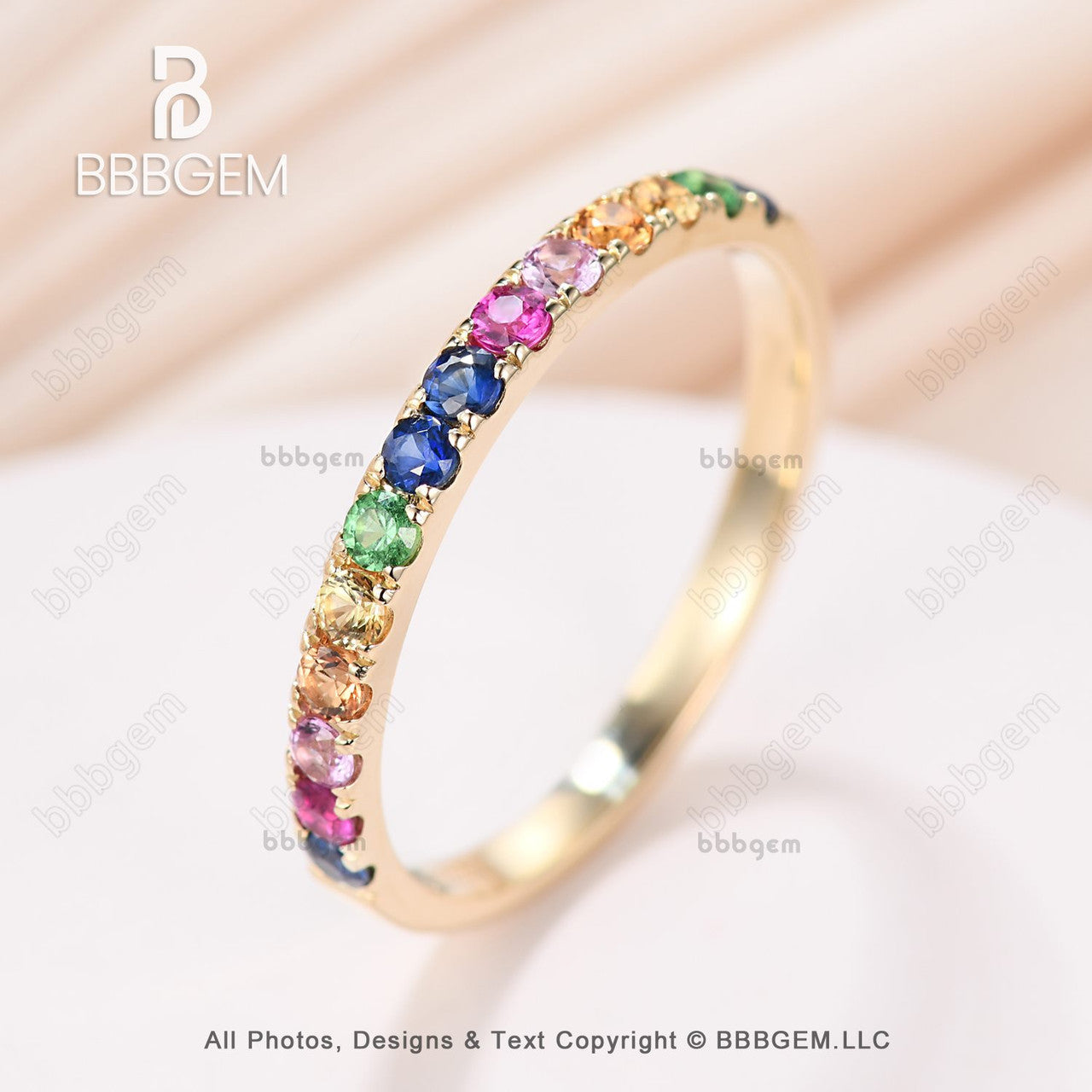 yellow gold rainbow sapphire wedding band-half eternity sapphire everyday ring band-bbbgem 