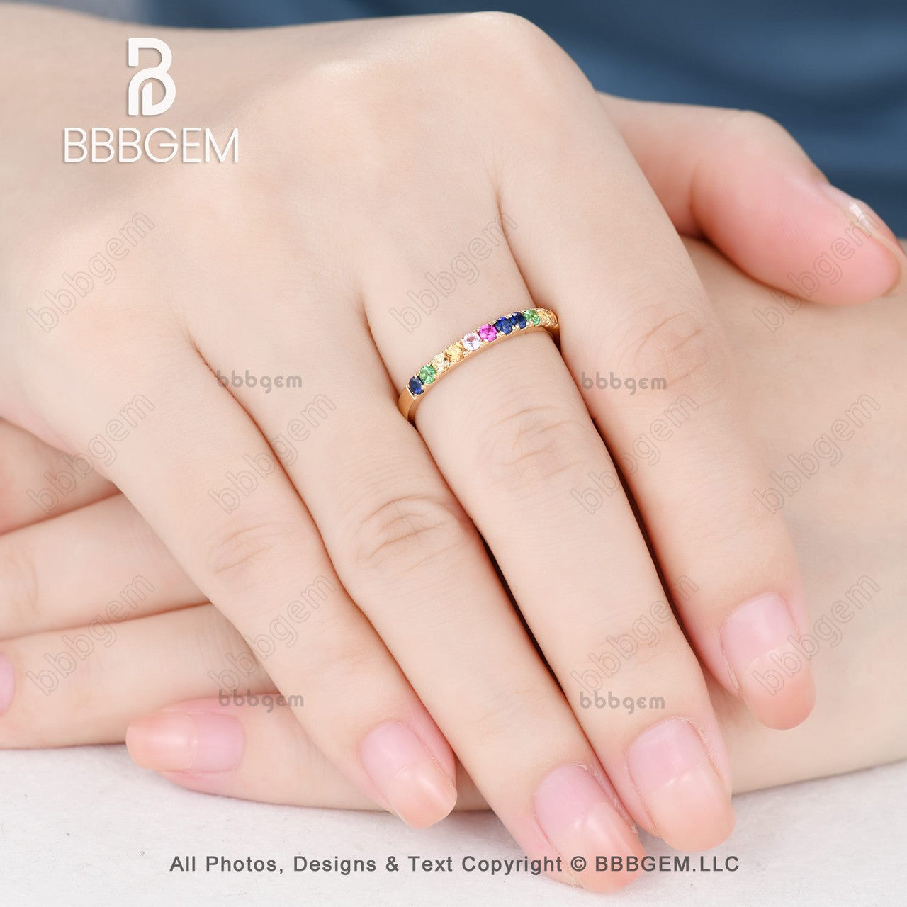 yellow gold rainbow sapphire wedding band-half eternity sapphire everyday ring band-bbbgem 